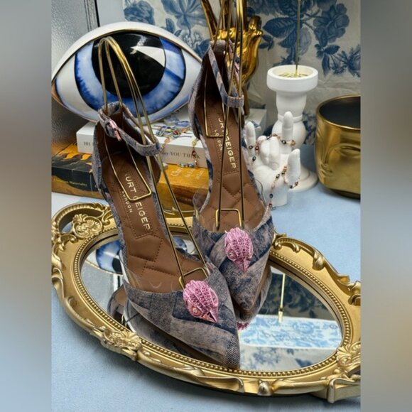 🆕 KURT GEIGER LONDON 🧿 NWOB Belgravia Pink Denim Vinyl High Heel, Sz 37 US 7 - Picture 7 of 16
